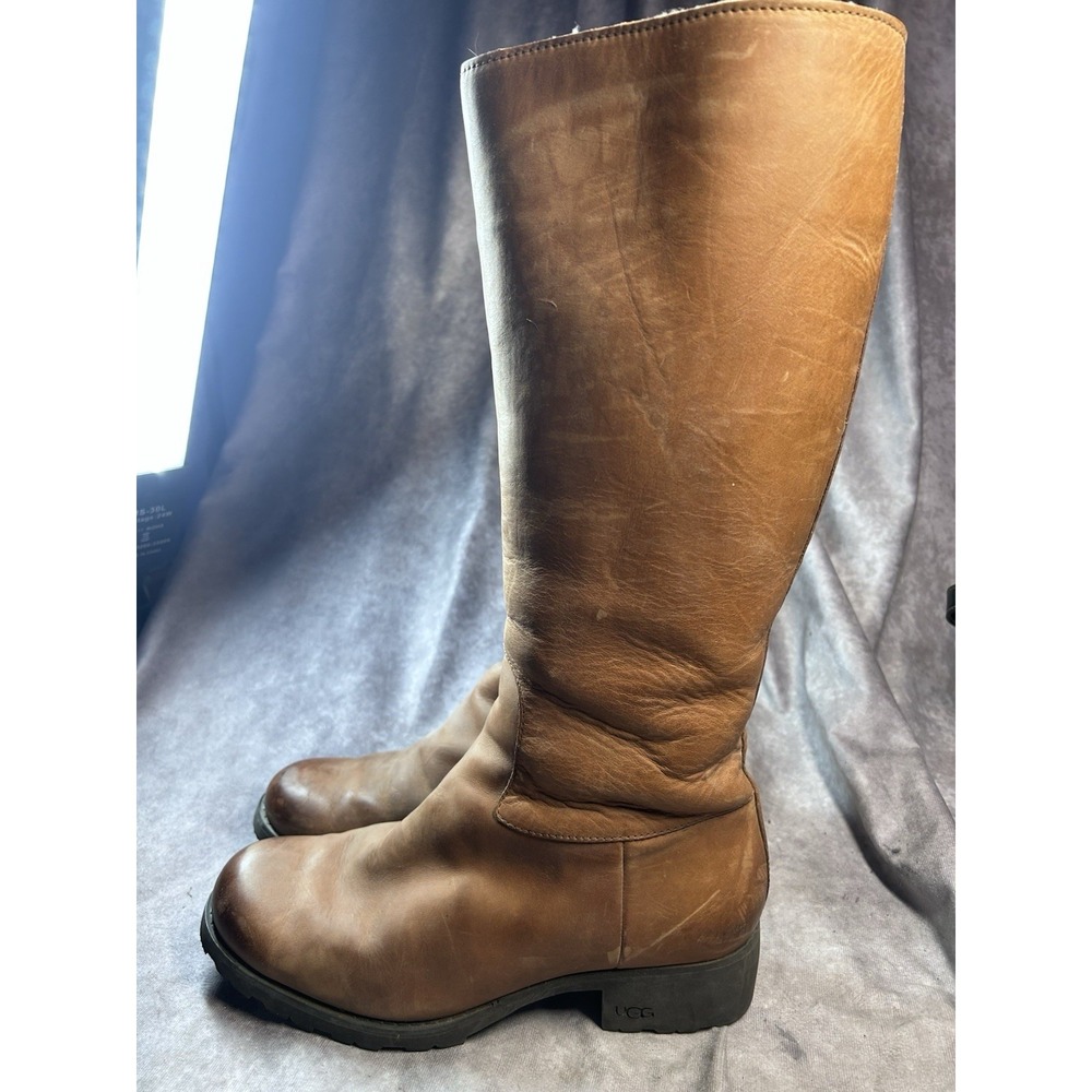 UGG Australia Women's 9.5 Brown Leather Tall Riding Boots Shearling Lined - Picture 3 of 7